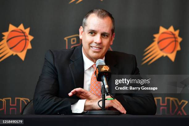 Frank Vogel talks to the media during his introductory press conference on June 6 at the Footprint Center in Phoenix, Arizona. NOTE TO USER: User...