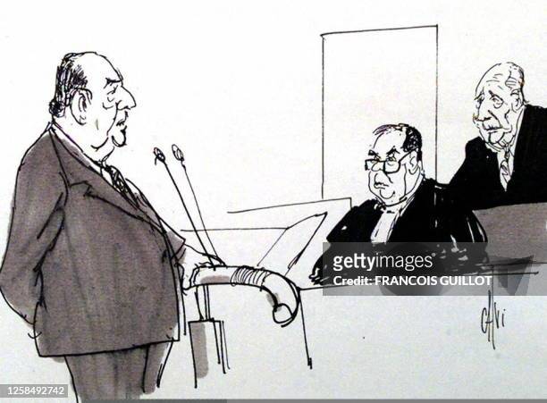 Croquis d'audience de l'ancien premier ministre, Raymond Barre , témoignant, du 17 octobre, à la barre de la Cour d'assises du palais de justice de...