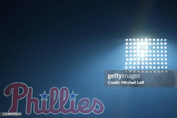 General view of the Philadelphia Phillies logo and stadium lights during the top of the ninth inning against the Detroit Tigers at Citizens Bank Park...