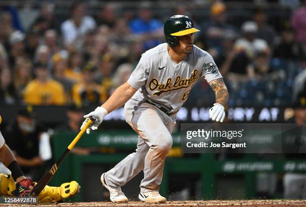 Jace Peterson of the Oakland Athletics hits a RBI single during the sixth inning against the Pittsburgh Pirates at PNC Park on June 6, 2023 in...