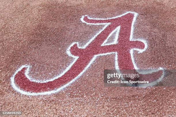 General view of the Alabama Crimson Tide logo during the 2023 SEC Baseball Tournament game between the Alabama Crimson Tide and the Florida Gators on...
