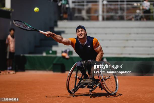 Gustavo Fernandez of Argentina in action during the Men's Wheelchair Singles First Round match on Day Ten of the 2023 French Open at Roland Garros on...