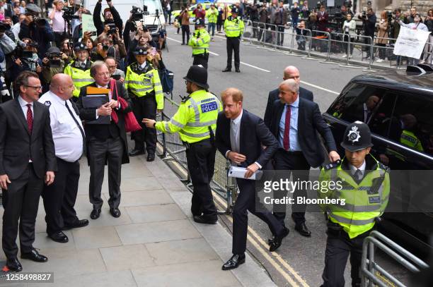 Prince Harry arrives to testify in his High Court case against Mirror Group Newspapers at The Rolls Building in London, UK, on Wednesday, June 7,...