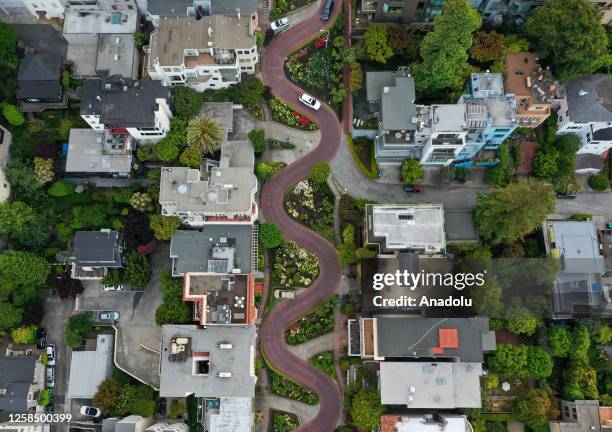 An aerial view of Lombard Street during cloudy weather in San Francisco, California, United States on June 06, 2023. Lombard Street known as the...