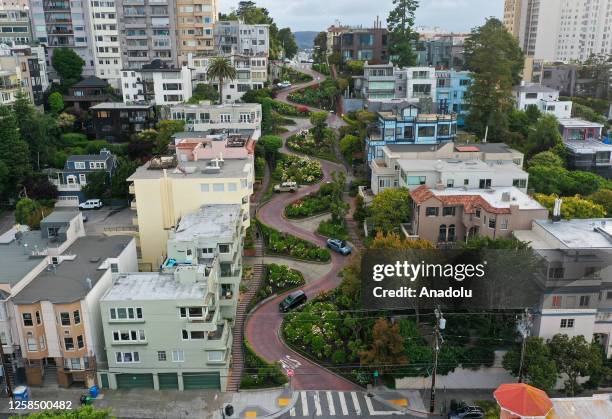 An aerial view of Lombard Street during cloudy weather in San Francisco, California, United States on June 06, 2023. Lombard Street known as the...