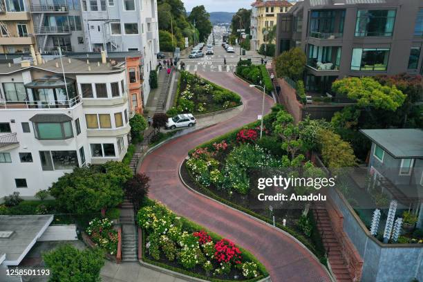 An view of Lombard Street during cloudy weather in San Francisco, California, United States on June 06, 2023. Lombard Street known as the World's...