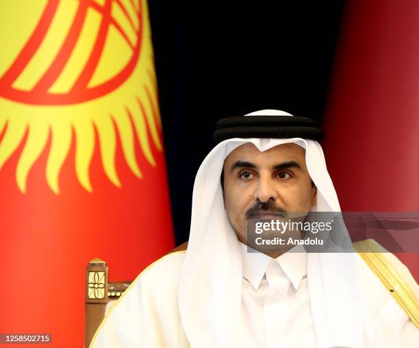 Emir of Qatar Sheikh Tamim bin Hamad Al Thani is seen during the state visit conference in Bishkek, Kyrgyzstan on June 7, 2023.