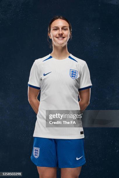 Lotte Wubben Moy poses during the England Women's Football Kit Launch at St Georges Park on February 14, 2023 in Burton-upon-Trent, England.