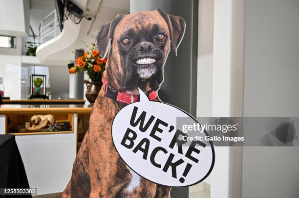 Dog with text bubble saying ?We?re back? during a visit to Toyota Plant on May 19, 2023 in Durban, South Africa. The minister's visit to the Original...