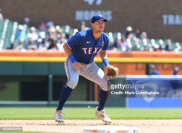 Josh Jung of the Texas Rangers fields during the game against the Detroit Tigers at Comerica Park on May 29, 2023 in Detroit, Michigan. The Rangers...