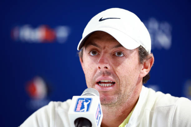 Rory McIlroy of Northern Ireland speaks to the media after playing in the Pro-Am of the RBC Canadian Open at Oakdale Golf and Country Club on June...