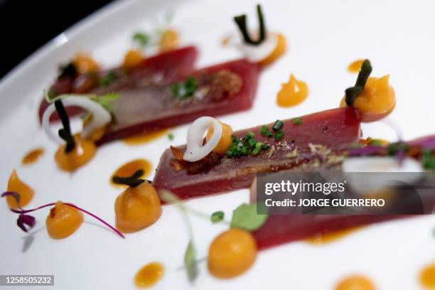 Tuna dish by Spanish chef specializing in bluefin tuna Julio Vazquez is pictured at his restaurant El Campero, in Barbate, southern Spain on May 17,...