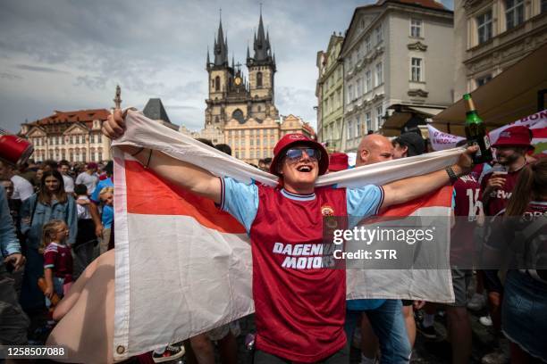 Supporter of West Ham United cheers for his team at the Old Town Square ahead of the UEFA Europa Conference League 2022/23 final match between ACF...