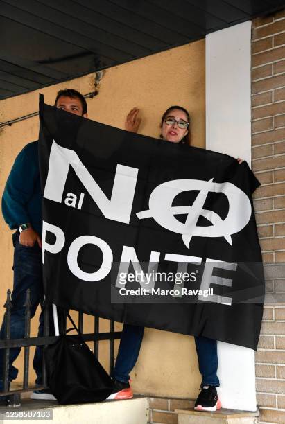 Demonstration by a group of citizens of the 'No Bridge' movement in front of the San Francesco di Messina harbor, where a rally is held on the bridge...