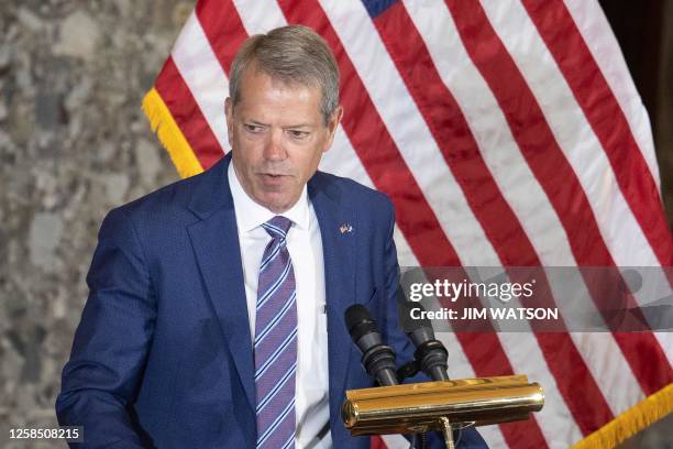 Nebraska Governor Jim Pillen speaks during a statue dedication ceremony for US writer and novelist Willa Cather, in Statuary Hall of the US Capitol...
