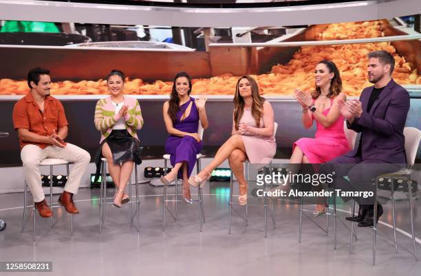 Jesse Garcia, Annie Gonzalez, Eva Longoria, Penelope Menchaca, Jacky Bracamontes and Daniel Arenas visit Telemundo's "Hoy Dia" morning show to...