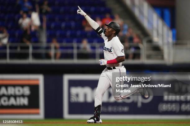 Jesús Sánchez of the Miami Marlins celebrates his solo homerun while rounding the bases against the Kansas City Royals at loanDepot park on June 6,...