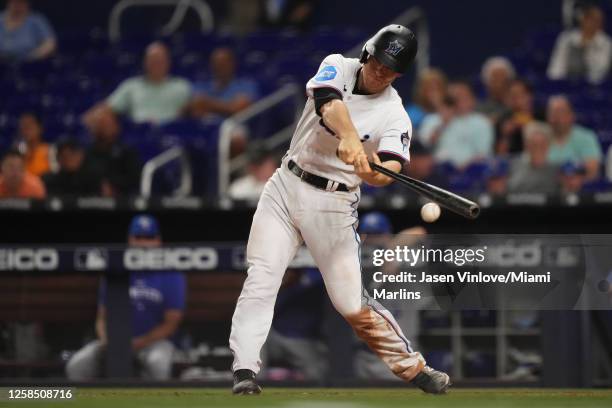 Joey Wendle of the Miami Marlins bats in the game against the Kansas City Royals at loanDepot park on June 6, 2023 in Miami, Florida.