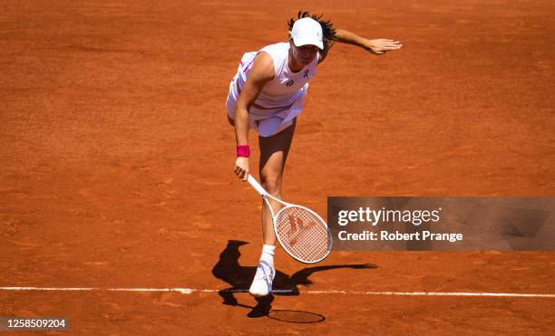 Iga Swiatek of Poland in action against Coco Gauff of the United States in the quarter-final on Day Eleven of Roland Garros on June 07, 2023 in...