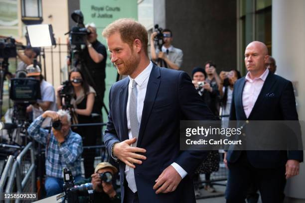Prince Harry, Duke of Sussex, leaves after giving evidence at the Mirror Group Phone hacking trial at the Rolls Building at High Court on June 7,...