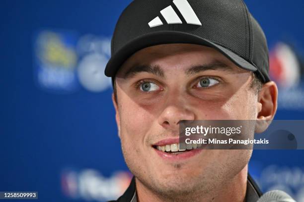 Ludvig Aberg addresses the media during the previews of the RBC Canadian Open at Oakdale Golf and Country Club on June 7, 2023 in Montreal, Quebec,...