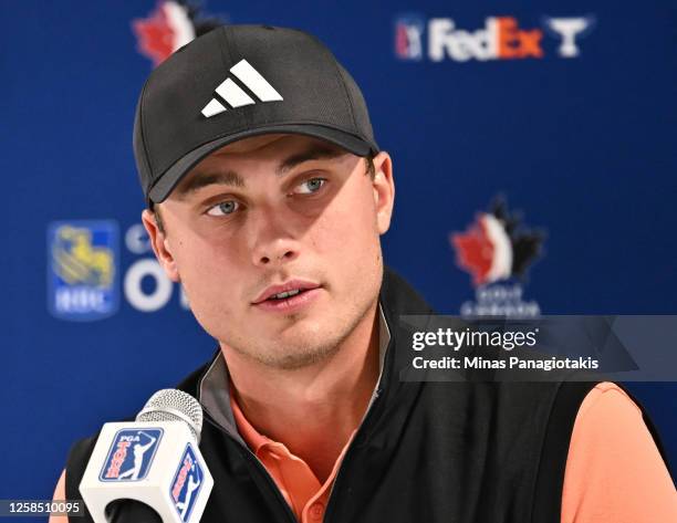 Ludvig Aberg addresses the media during the previews of the RBC Canadian Open at Oakdale Golf and Country Club on June 7, 2023 in Montreal, Quebec,...