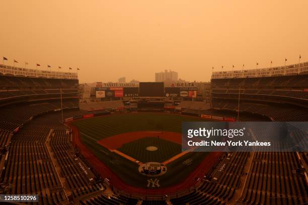 General view of hazy conditions resulting from Canadian wildfires at Yankee Stadium before the game between the Chicago White Sox and the New York...