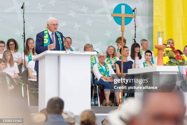 June 2023, Bavaria, Nuremberg: German President Frank-Walter Steinmeier speaks at the opening service of the 38th German Protestant Kirchentag. The...