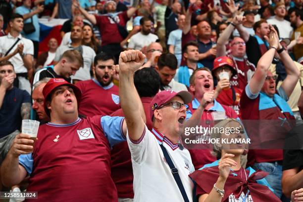 West Ham fans cheer prior to the UEFA Europa Conference League final football match between ACF Fiorentina and West Ham United FC in Prague, Czech...