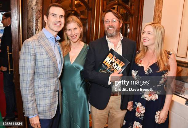 Host Jimmy Carr, Karoline Copping, David Mitchell and Victoria Coren Mitchell attend the Gala Night performance of "We Will Rock You" at the London...