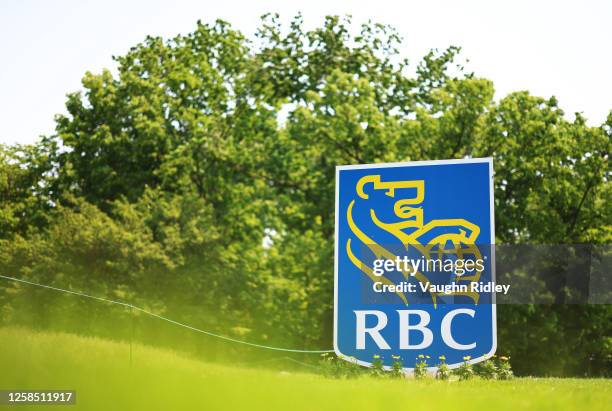 An RBC logo on course during the Pro-Am of the RBC Canadian Open at Oakdale Golf and Country Club on June 07, 2023 in Toronto, Ontario, Canada.