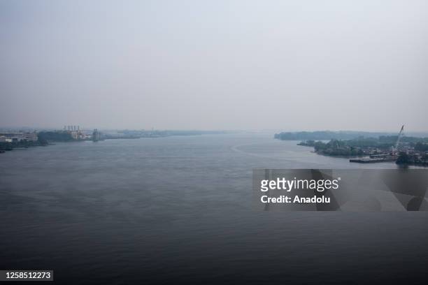 The Delaware River in a haze of smoke as seen from Benjamin Franklin Bridge in Philadelphia, United States on June 7, 2023. Philadelphia is filled...