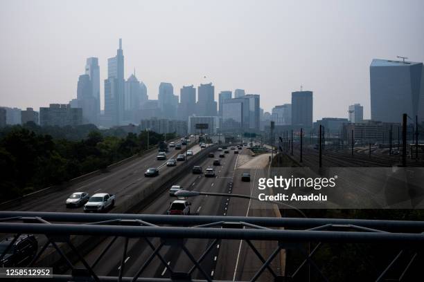 View of the Philadelphia Skyline and Highway 76 in Philadelphia in Philadelphia, United States on June 7, 2023. Philadelphia is filled with smoke...