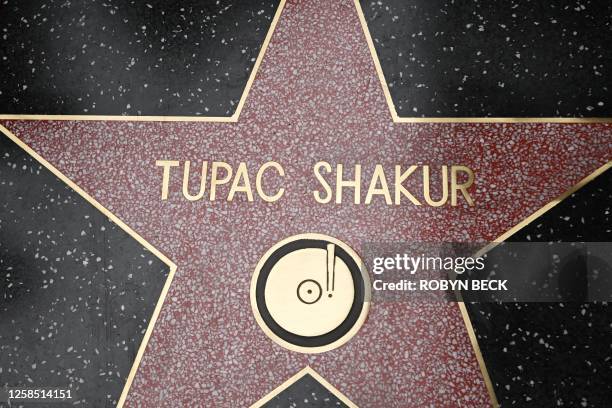 The newly unveiled star of US rapper Tupac Shakur is seen during his Hollywood Walk of Fame star ceremony in Hollywood, California, on June 7, 2023....
