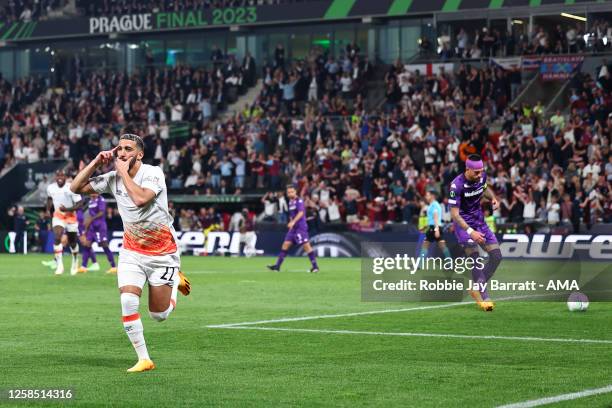 Said Benrahma of West Ham United celebrates after scoring a goal from the penalty spot to make it 0-1 during the UEFA Europa Conference League...