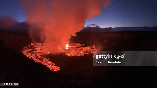 An aerial view of Kilauea volcano as it began to erupt around 4:44 a.m. On June 7, 2023 in Hawaii, United States. The eruption at Kilaueaâs summit is...