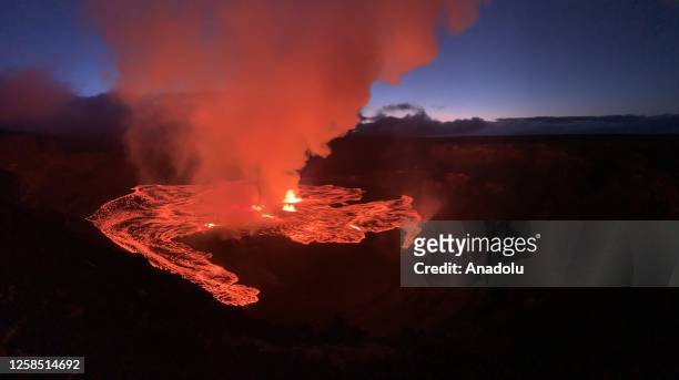 An aerial view of Kilauea volcano as it began to erupt around 4:44 a.m. On June 7, 2023 in Hawaii, United States. The eruption at Kilaueaâs summit is...