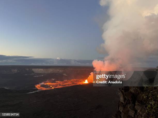 An aerial view of Kilauea volcano as it began to erupt around 4:44 a.m. On June 7, 2023 in Hawaii, United States. The eruption at Kilaueaâs summit is...