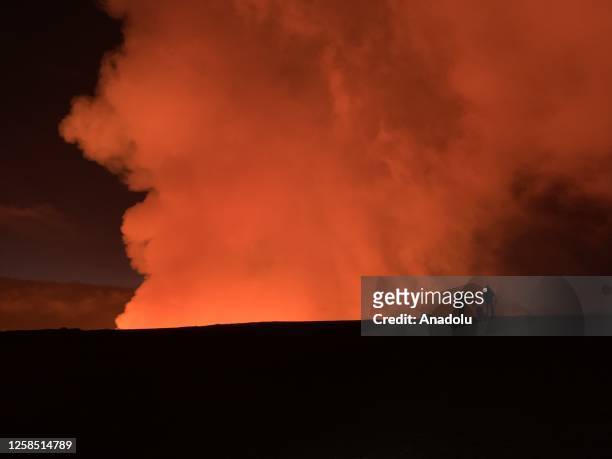 An aerial view of Kilauea volcano as it began to erupt around 4:44 a.m. On June 7, 2023 in Hawaii, United States. The eruption at Kilaueaâs summit is...