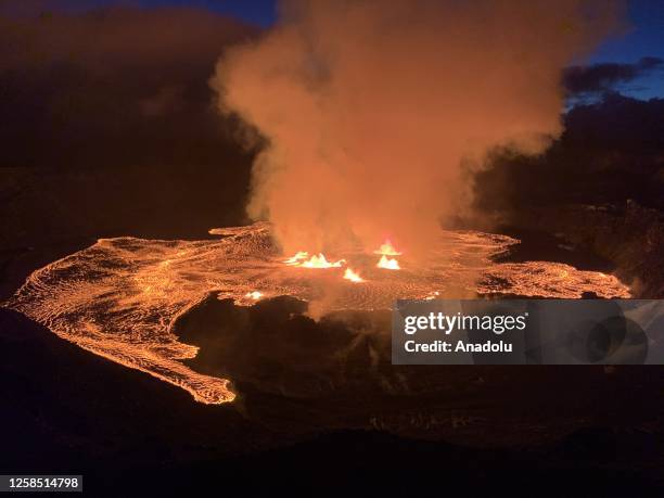 An aerial view of Kilauea volcano as it began to erupt around 4:44 a.m. On June 7, 2023 in Hawaii, United States. The eruption at Kilaueaâs summit is...