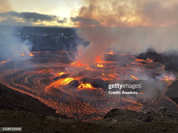 An aerial view of Kilauea volcano as it began to erupt around 4:44 a.m. On June 7, 2023 in Hawaii, United States. The eruption at Kilaueaâs summit is...