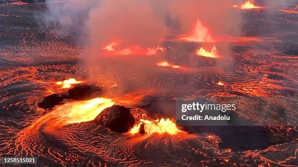 An aerial view of Kilauea volcano as it began to erupt around 4:44 a.m. On June 7, 2023 in Hawaii, United States. The eruption at Kilaueaâs summit is...