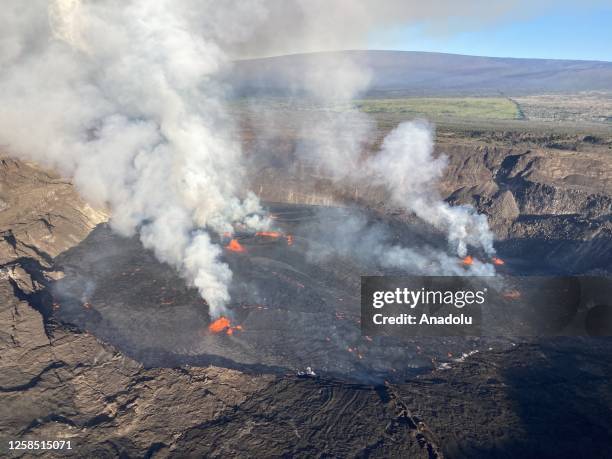 An aerial view of Kilauea volcano as it began to erupt around 4:44 a.m. On June 7, 2023 in Hawaii, United States. The eruption at Kilaueaâs summit is...