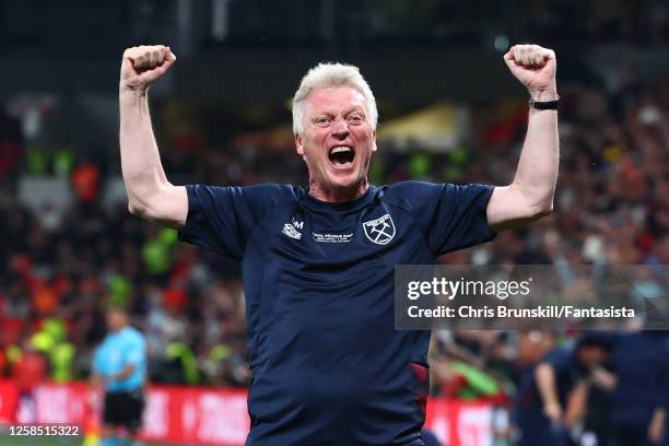 West Ham United Manager David Moyes celebrates after Jarrod Bowen of West Ham United scored a goal to make the score 1-2 during the UEFA Europa...