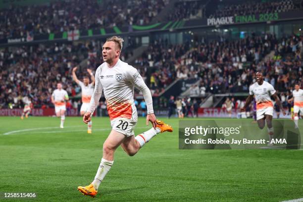 Jarrod Bowen of West Ham United celebrates after scoring a goal to make it 1-2 during the UEFA Europa Conference League 2022/23 final match between...