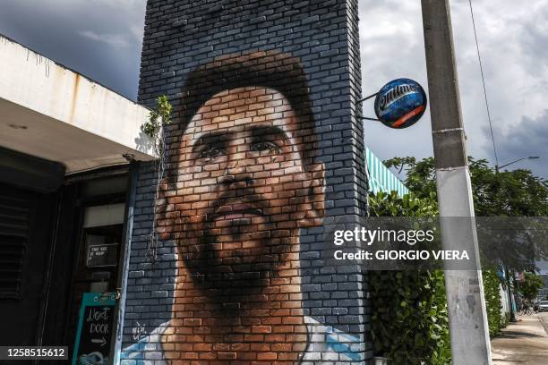 Mural depicting Argentine football player Lionel Messi is pictured in Miami on June 7, 2023. Lionel Messi on Wednesday announced he will sign for...