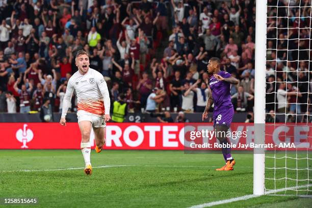 Jarrod Bowen of West Ham United celebrates after scoring a goal to make it 1-2 during the UEFA Europa Conference League 2022/23 final match between...