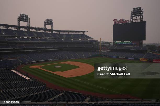 General view of Citizens Bank Park during hazy conditions due to wildfires in Canada on June 7, 2023 in Philadelphia, Pennsylvania. The game between...