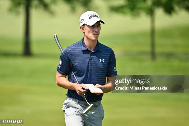 Maverick McNealy of the United States of America walks towards the eighth putting green during the Pro-Am prior to the RBC Canadian Open at Oakdale...