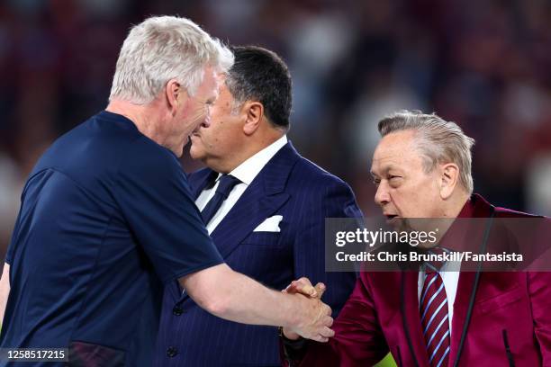 West Ham United Manager David Moyes is congratulated by chairman David Sullivan at the end of the UEFA Europa Conference League 2022/23 final match...